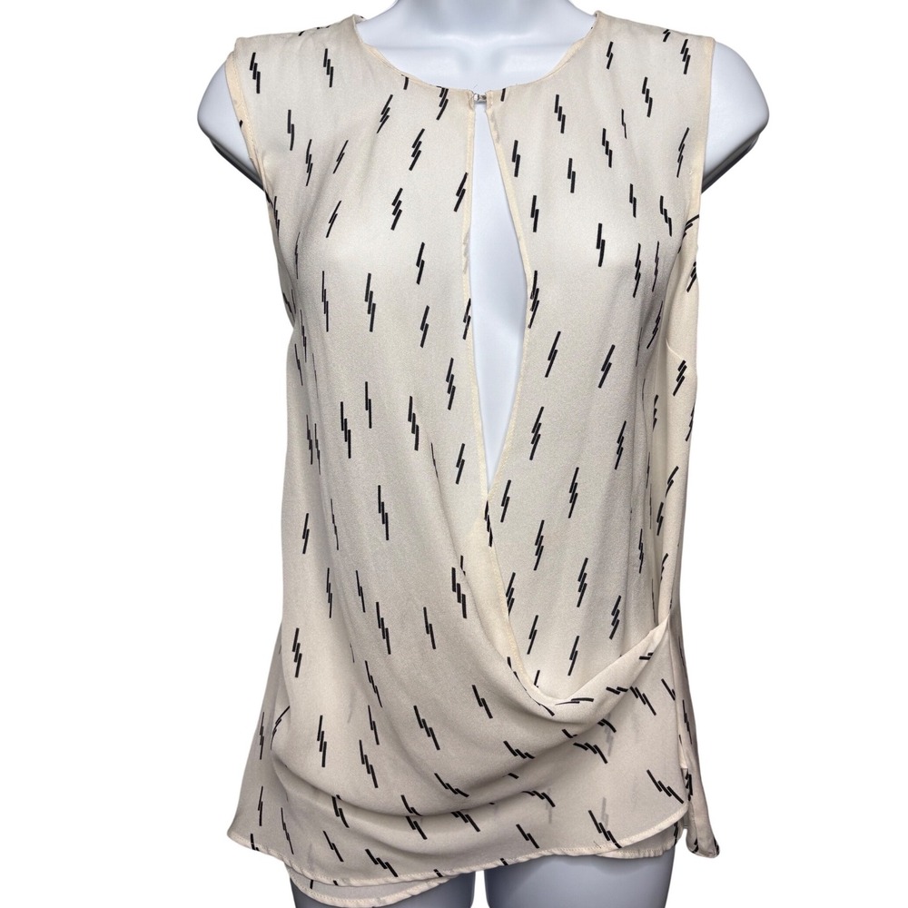 A.L.C. Womens Cream Lightning Bolt 100% Silk Draped Sleeveless Blouse Sz M Luxe